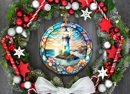 Stained Ceramic Lighthouse Ornament - Christmas Tree Ornaments - Christmas Decorations - Lighthouse Decor for Office, Room, Home - Holiday Present Ideas