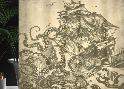Ambesonne Nautical Shower Curtain, Kraken Octopus Tentacles with Ship Sail Boat in Ocean Lover Themed Decor, Cloth Fabric for Beach Home Bath Decorartion Set with 12 Hooks, 69" W x 75" L, Yellow Olive