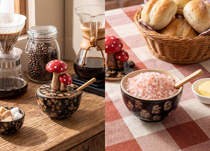 Black Ceramic Mushroom Salt Cellar Jar with Lid and Spoon Salt Box Holder