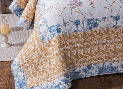 Tache Twin White Quilt Cotton Patchwork Cottage Coastal Beach Embroidered Floral - White Gold Yellow Sky Blue Reversible Lightweight Coverlet Winter Frost Quilt Set - Twin