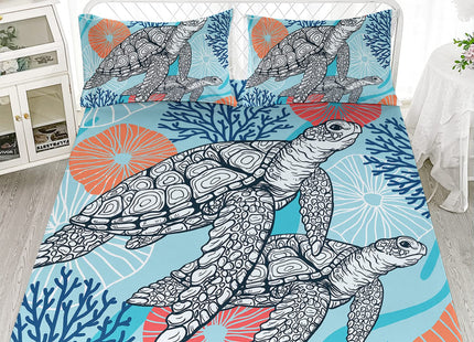 HOSIMA Sea Turtle Bedding Set,Coastal Beach Themed Bedroom Fitted Sheet Queen Size for Kids Teen Girls Boys Room Decor,1 Fitted Sheet+2 Pillowcases.