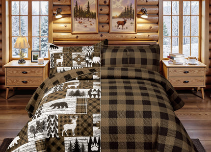 3 Piece Cabin King Size Quilt Sets Farmhouse Rustic Reversible Microfiber Soft Lightweight Bedspread Comforter with 2 Shams Patchwork Country Lodge Bedding Quilts Set for All Season, 106''x96'', Brown