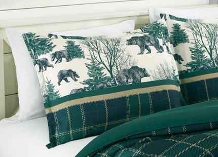 Chezmoi Collection Basin 7-Piece Northwest Cabin Lodge Comforter Set - Blue Green Ivory Tan Grizzly Bear Pine Tree Wilderness Printed Microfiber Bedding, Full