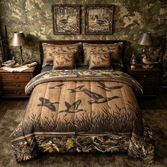 Feelyou Kids Mallard Duck Bedding Set Full Size Hunting Fishing Theme Comforter Set with Sheets 7 Piece for Boys Girls Teens Bedroom Decor Cabin Farmhouse Bed in a Bag Vintage Leaves