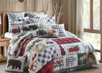 Virah Bella Country Lodge Patchwork 3-Piece Full/Queen Quilt Set - Buffalo Plaid Bear, Moose & Snowman Bedspread Coverlet - All-Season Rustic Winter Bedding with 2 Standard Shams, 90" x 90"