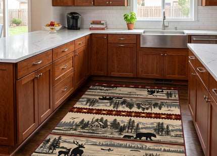 Rustic Wildlife Area Rug, 3x5 ft Bear Deer Elk Mountain Lake Cabin Design