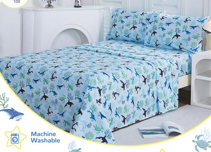 Viviland 3 Pieces Boys Blue Ocean Twin Sheet Set - Soft Microfiber Fitted Flat Sheets & Pillowcase - Blue Ocean Whales, Sea Turtles, Marine Organisms Bedding Sets - for Kids & Toddlers