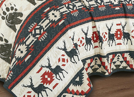 ESCA Farmhouse Lodge Animal Print Navy Bedspread Set Queen Size 3-Piece Red and Blue Deer and Bear Rustic Quilt