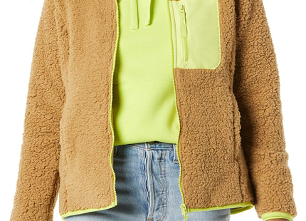 Amazon Essentials Women's Sherpa Long-Sleeve Mock Neck Full-Zip Jacket with Woven Trim (Available in Plus Size), Camel Neon Yellow Color Block, XX-Large