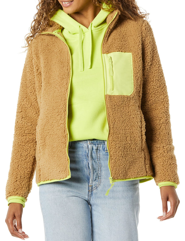 Amazon Essentials Women's Sherpa Long-Sleeve Mock Neck Full-Zip Jacket with Woven Trim (Available in Plus Size), Camel Neon Yellow Color Block, XX-Large