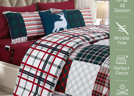 Elegant Comfort 8-Piece Cabin Lodge Patch Reversible Comforter Set - All Season Bed in a Bag, 4-Piece Sheet Set Featuring Smart Pockets, Matching Shams and Decorative Pillow, Full/Queen, Burgundy