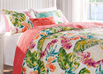 Greenland Home Tropics Palm Leaves Coastal Cotton Blend Quilt Set, 2-Piece Twin/XL, Coral