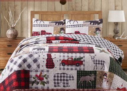 Virah Bella Country Lodge Patchwork 3-Piece Full/Queen Quilt Set - Buffalo Plaid Bear, Moose & Snowman Bedspread Coverlet - All-Season Rustic Winter Bedding with 2 Standard Shams, 90" x 90"