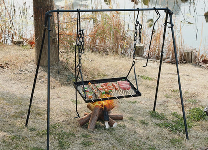 Lineslife Grill Swing Hanging Campfire Cooking Stand with Adjustable Iron Grill Grate, Collapsible Campfire Cooking Rack with Hooks and Accessories for BBQ Picnic, Outdoor Camping Cookware, Dutch Oven