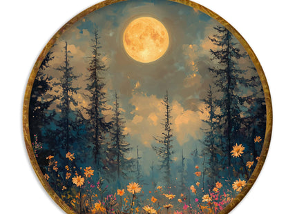 XPH Moonlit Wildflower Forest Round Wall Art Framed, Mystical Full Moon Woodland Circle Wall Decor, Rustic Nature Nightscape Floral Hanging Canvas Prints for Office Home Decoration, 10x10 Inch
