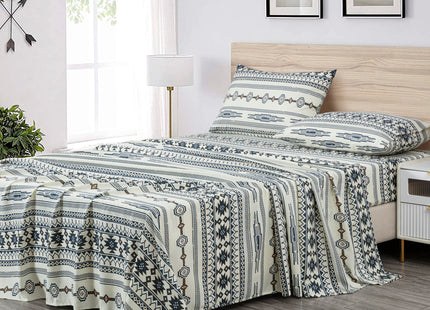 Chezmoi Collection 4-Piece Southwestern Tribal Lodge Bed Sheet Set, Queen Size - Ivory Navy Brown Red Printed Microfiber Soft Breathable Deep Pocket Sheets and Pillowcases Set