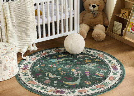 Weaverlane Beachy Coastal Washable Nursery Rug (Emerald, 5' Round)