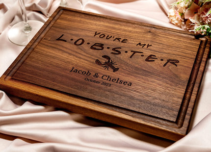 Personalized Cutting Board, Custom Wedding, Anniversary or Housewarming Gift Idea, Wood Engraved Charcuterie, for Couples, Family and Clients (FRIENDS Themed Lobster 087)
