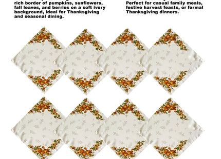 Lintex Stockbridge Pumpkin Harvest Bordered Thanksgiving Tablecloth, Autumn Fall Leaf, Sunflower and Acorn Border Print Easy Care Fabric Tablecloths and Napkins