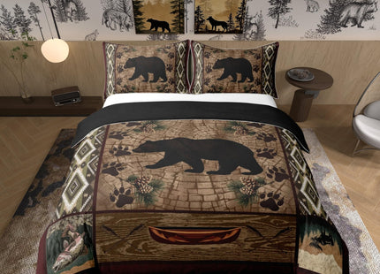 100% Natural Cotton Lodge Cabin Duvet Cover Queen,Wild Bear Animal Silhouette Bedding Set (Not Comforter) for Country Room Decor,Bohemian Pattern Wooden Print Bedspread Cover with Zipper Closure