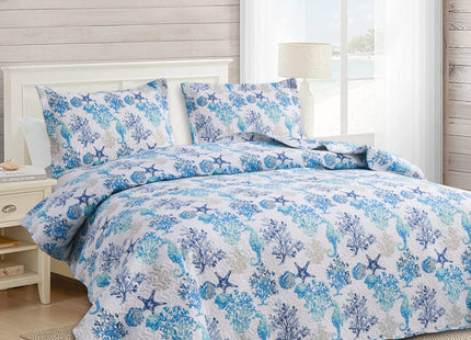 Queen Size Coastal Quilt Bedspread - Lightweight Summer Bedding with Starfish, Shell, Seahorse Design - Reversible, Home Ocean Quilt Collection