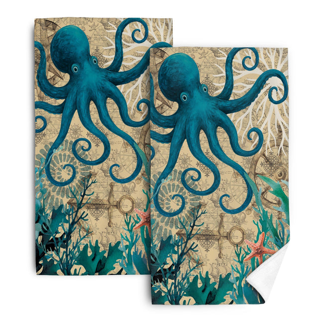 Oblivix Teal Nautical Kitchen Towels,Vintage Turquoise Coastal Dish Towel,Octopus Ocean Dish Cloths Set of 2 Absorbent Hand Tea Towle for Drying Cleaning, Nautical Kitchen Decor