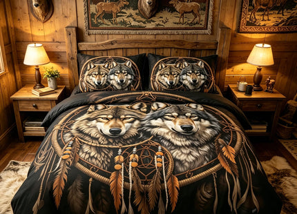 CCoutueChen Wolf Bedding Set Twin Size for Kids - Cabin Lodge Bedroom Set Black Brown Boho Dreamcatcher Comforter Set, Soft Microfiber Lightweight Comforter, 2 Pieces 1 Pillowcase