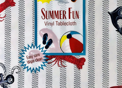 Summer Fun Lobsters & Anchors on Wavy Line Stripes Vinyl Flannel Back Tablecloth, Summer, Nautical, Ocean, Beach-Themed (52" x 90" Oblong)