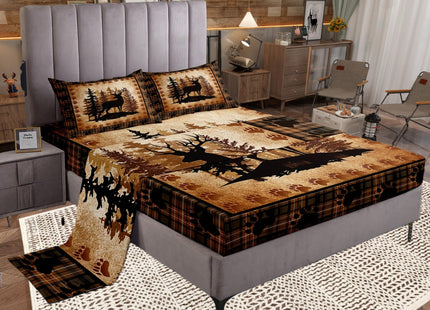 Castle Fairy Deer Bear Plaid Bed Sheet Set Queen Size,Animal Hunting Bear Print Bedding Set for Children Adult,Pine Trees Rustic Retro Grid Sheet Sets with Flat, Fitted Sheet, 2 Pillowcases