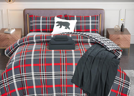 Elegant Comfort 8- Piece Lodge Plaid Reversible Comforter Set Bed-in-a-Bag Set - Silky Soft Complete Set Includes Bed Sheet Set with Double Sided Storage Pockets, Full/Queen, Gray