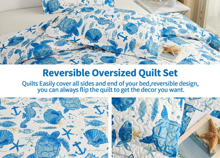 Coastal Beach Quilt Set - Queen Size Ocean Bedding Reversible Quilt Sea Turtle Blue
