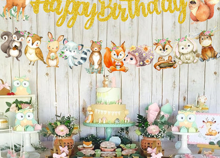 Woodland Animal Happy Birthday Banner Woodland Creatures Banner Decorations 2Pcs Forest Animals Cutout Banners for Woodland Theme Baby Shower Supplies