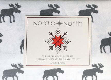 Nordic North 4 Piece Cotton Turkish Flannel Full Size Double Bed Sheet Set Luxe Moose Gray on a White Background