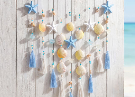 Wenqik Beach Coastal Wall Decor Handmade Ocean Themed 15.75 Inch Boho Wall Art with Starfish Seashells Blue White Beaded Tassel Hanging on Wooden Rod for Farmhouse Bathroom Bedroom Kitchen Dining Room