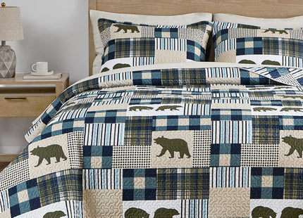 UMCHORD Queen Quilt Bedding Set, Cabin Bear Quilt, Queen Size, Green