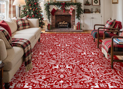 PureCozy Christmas Area Rug 8x10 Machine Washable Xmas Snowflake Holiday Decor Living Room Rugs Low Pile Carpet Indoor Doormat Red Non-Slip Christmas Deer Carpet for Bedroom Kitchen Dining Bathroom