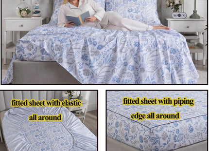 FADFAY Ocean Sheets Set Twin 100% Cotton, 4 Piece Coastal Bedding Set, Cooling & Crisp Summer Bedding, Navy Blue Nautical Seaweed Seashell Print, Soft & Breathable Deep Pocket Fitted Sheet, Twin Size