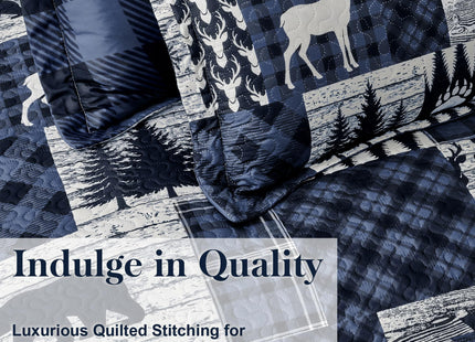 2 Piece Cabin Quilt Sets Twin Size Farmhouse Rustic Reversible Microfiber Soft Lightweight Bedspread Comforter with 1 Sham Patchwork Country Lodge Bedding Quilts Set for All Season, 68''x86'', Blue