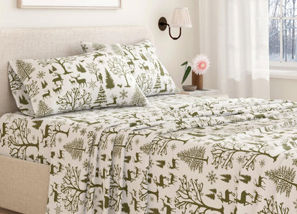 Great Bay Home Flannel Sheet Set Queen Size - 100% Turkish Cotton, Double-Brushed, Lodge-Printed Bed Sheets - Ultra-Soft, Cozy, 4-Piece Bedding Set (Olive Branch Enchanted Woods)