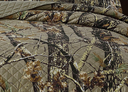 Chezmoi Collection Salem 3-Piece Cabin Lodge Forest Woods Pre-Washed Quilt Set - Nature Camo Tree Leaves Printed Soft Lightweight Microfiber Bedspread for All Season - Natural, King