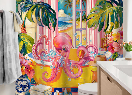 Octopus Coastal Funny Funky Whimsical Boho Bathroom Shower Curtain Set