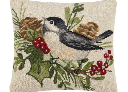 Peking Handicraft 31SW214C16SQ Winter Chickadee Holiday Hook Pillow, 16-inch Square, Wool and Cotton