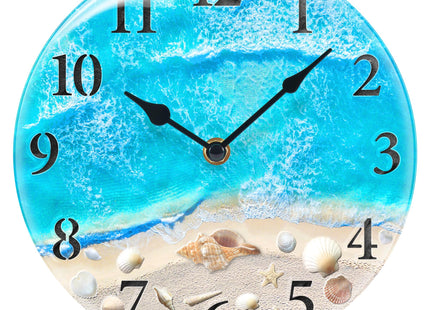 Coastal Beach Wall Clock 8in Blue Seashell Battery Silent Bathroom Decor