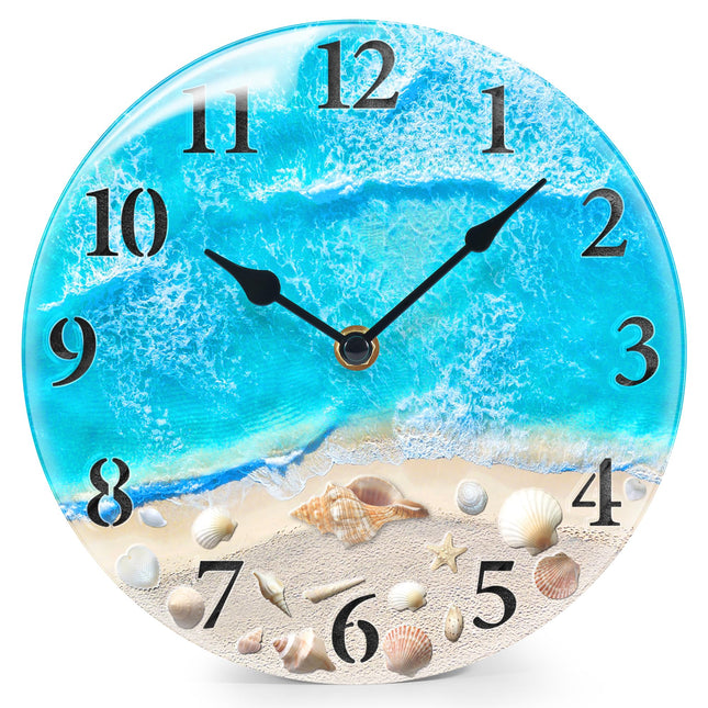 Coastal Beach Wall Clock 8in Blue Seashell Battery Silent Bathroom Decor