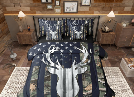 Camo American Flag Reversible Comforter Set 7 Piece Full Size,Deer Antlers Army Green Camouflage Bed Sheet Set Western Farmhouse Animal Hunting Bedding Set with Comforter,Fitted & Flat Sheet