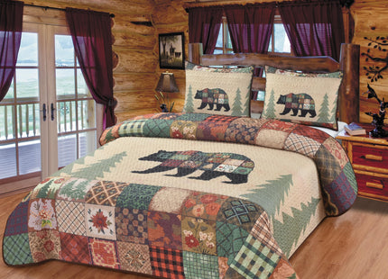 BestGiftEver Bear Themed King Quilt Coverlet Set – Rustic Cabin Bedding