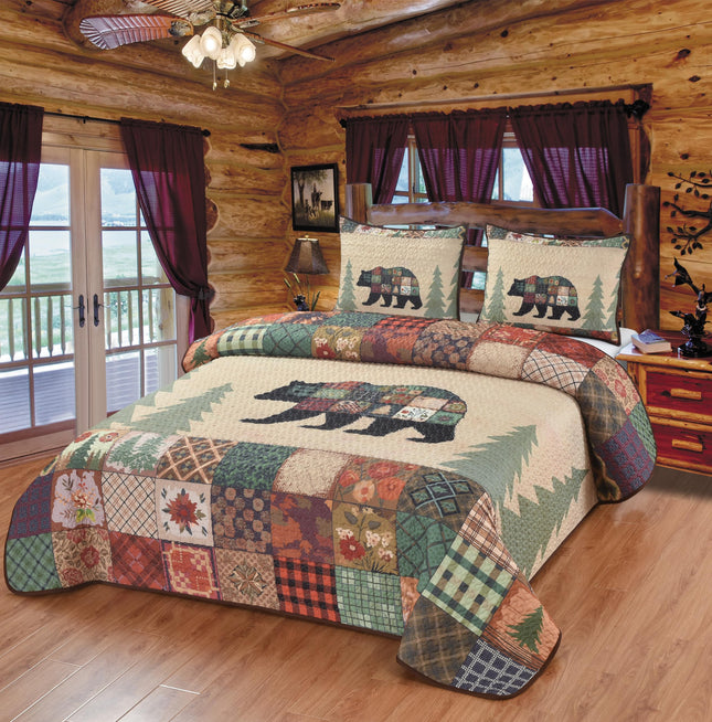 BestGiftEver Bear Themed King Quilt Coverlet Set – Rustic Cabin Bedding