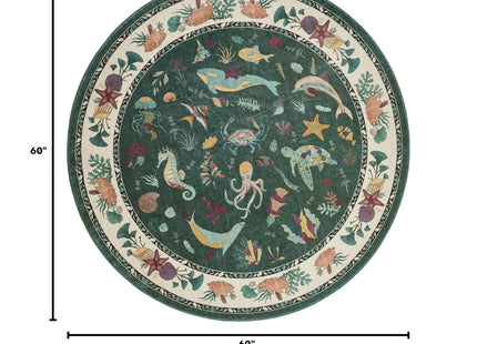 Weaverlane Beachy Coastal Washable Nursery Rug (Emerald, 5' Round)