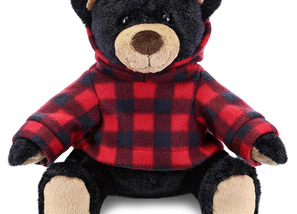 DolliBu Plush Black Bear with Red Plaid Hoodie - Soft Huggable Wild Life Bear, Adorable Playtime Zoo Black Bear Plush, Cute Cuddle Gift for Kids and Adults