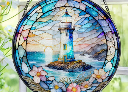 Stained Glass Window Hanging, Pauyadu Lighthouse Sun Catchers, Stained Glass Suncatcher, Lighthouse Decor Gifts for Women, Men, Lovers, Friend, Family and Partners- 8 Inch